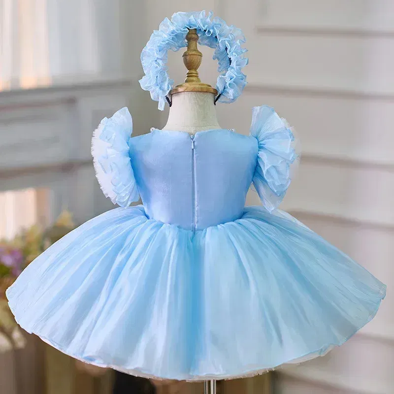 Kid Size: 3T, Color: Brown - 2025 Summer Baby Girls 1st Birthday Party Dress Toddler Kids Bow Fluffy Tutu Gown Flower Girls Blue Dresses For Wedding Ceremony