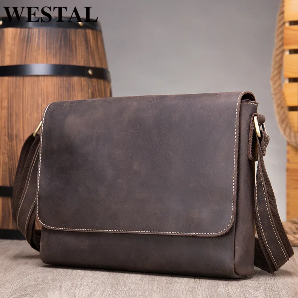 Color: Gold, Ships From: CHINA - WESTAL Crazy Horse Leather Men's Briefcases Laptop Bag Office Bags for Men Cover Messenger Bags Men's Leather Bag Computer Bags