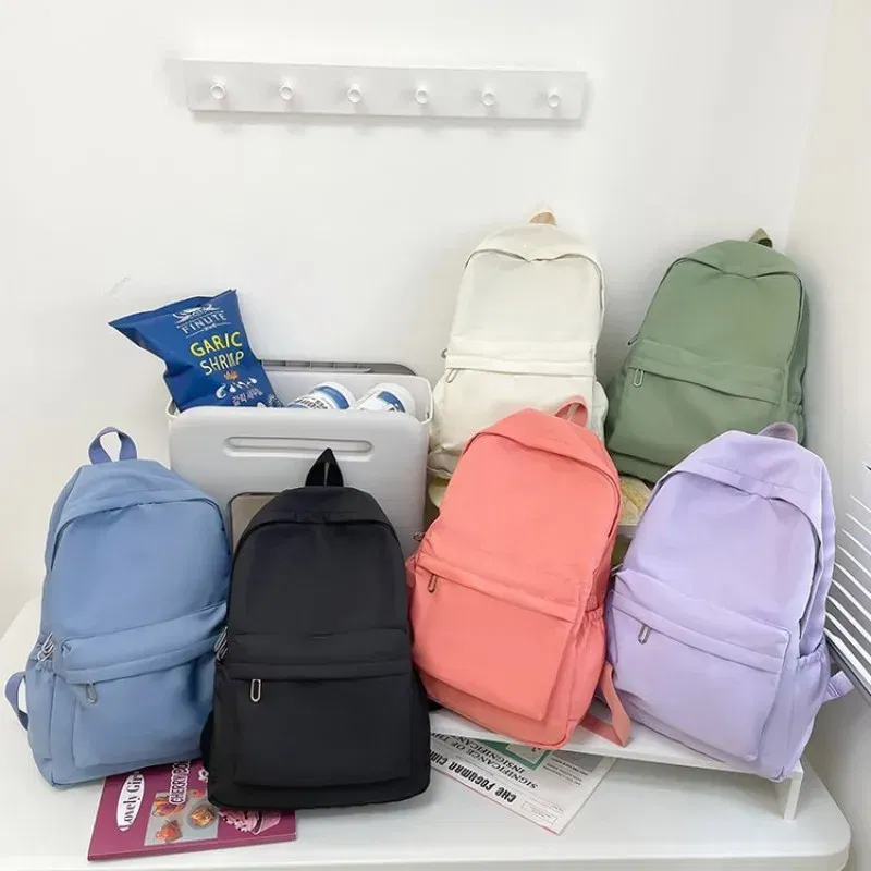 Color: Beige - Women Schoolbag Waterproof Large Capacity School Backpack Smooth Zipper Solid Teens Girl Casual Daypack Bag Student Supply NEW