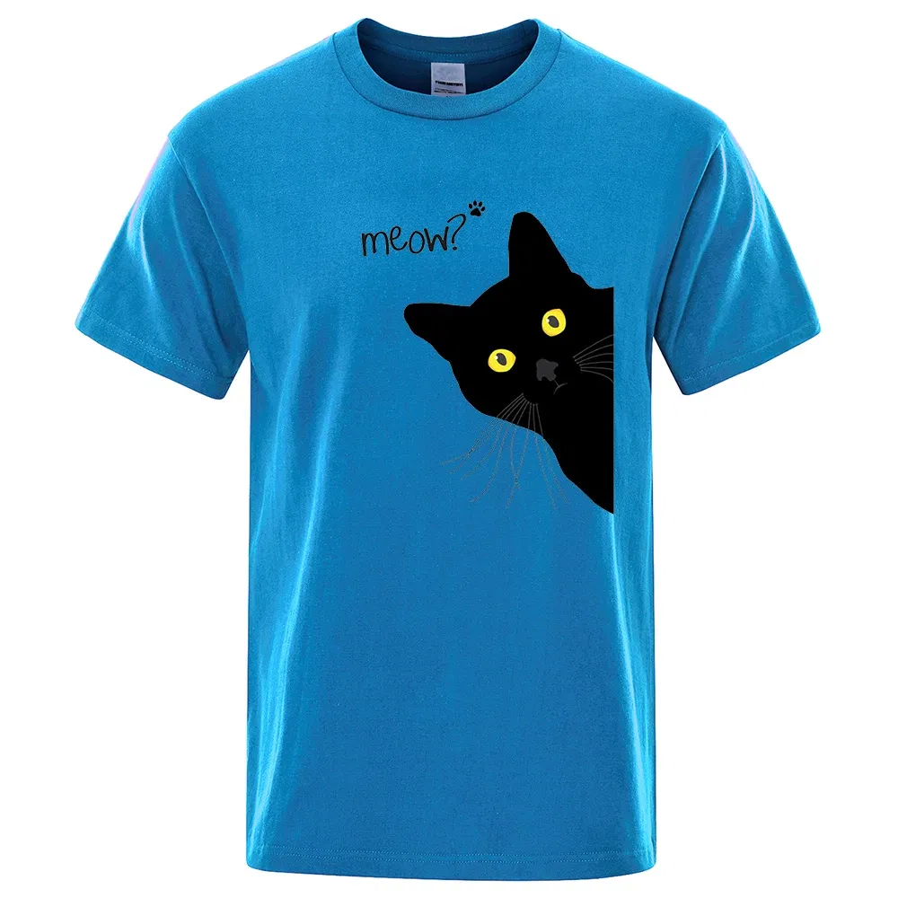 Color: Dark Grey, Size: L - Meow Black Cat Funny Printing Men T-Shirts Breathable Tee Clothes Summer Streetwear Tops Oversized Loose Cotton Short Sleeve