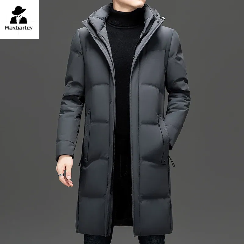 Color: Khaki, Size: XL - 2024 New Men's Winter Down Jacket Long Knee-length Thickened Warm Duck Down Parka High-end Hooded Detachable Extremely Cold Coat