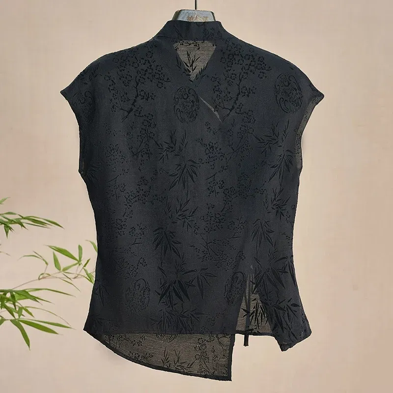 Color: black, Size: L - Retro Thin Shirt New Chinese Style Cheongsam Top Black Jacquard Short Sleeve T-shirt Summer Mature Fashion Women's Clothing