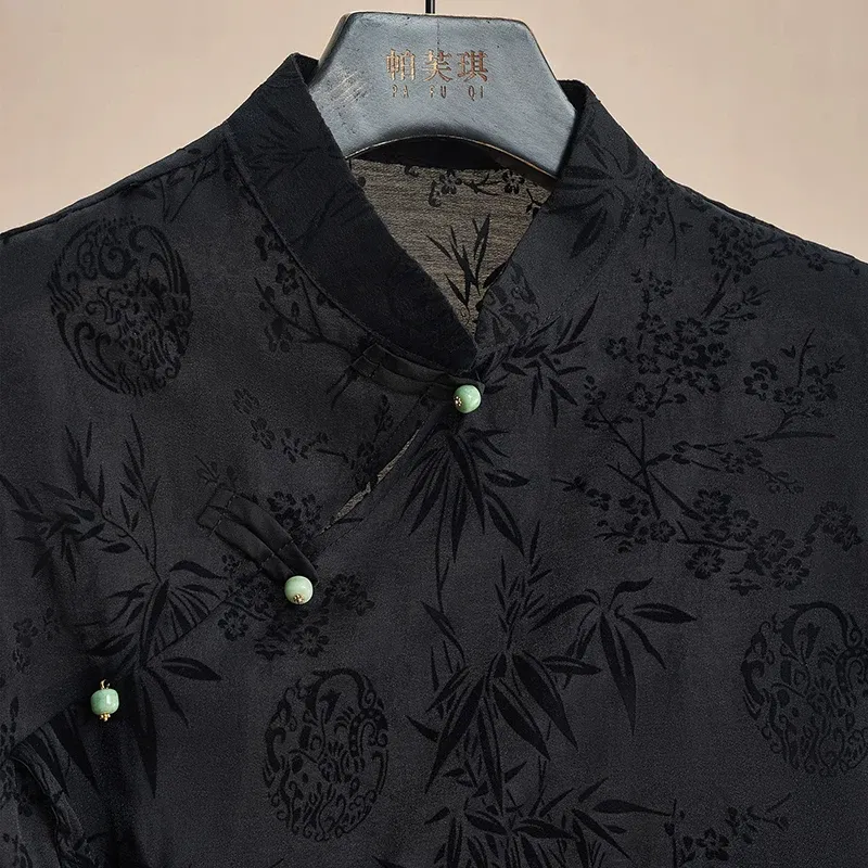 Color: black, Size: L - Retro Thin Shirt New Chinese Style Cheongsam Top Black Jacquard Short Sleeve T-shirt Summer Mature Fashion Women's Clothing