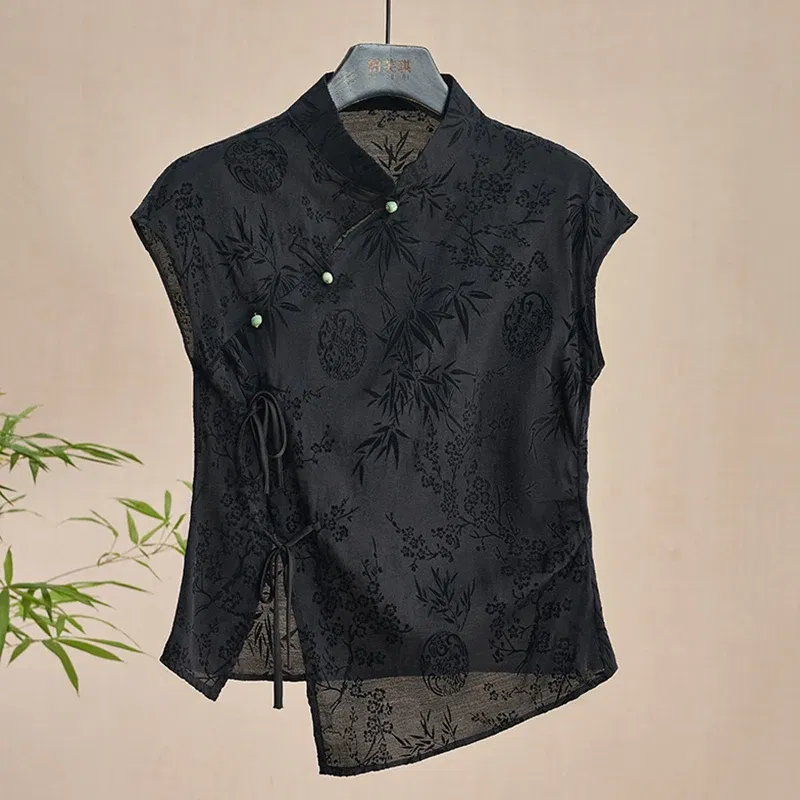 Color: black, Size: L - Retro Thin Shirt New Chinese Style Cheongsam Top Black Jacquard Short Sleeve T-shirt Summer Mature Fashion Women's Clothing