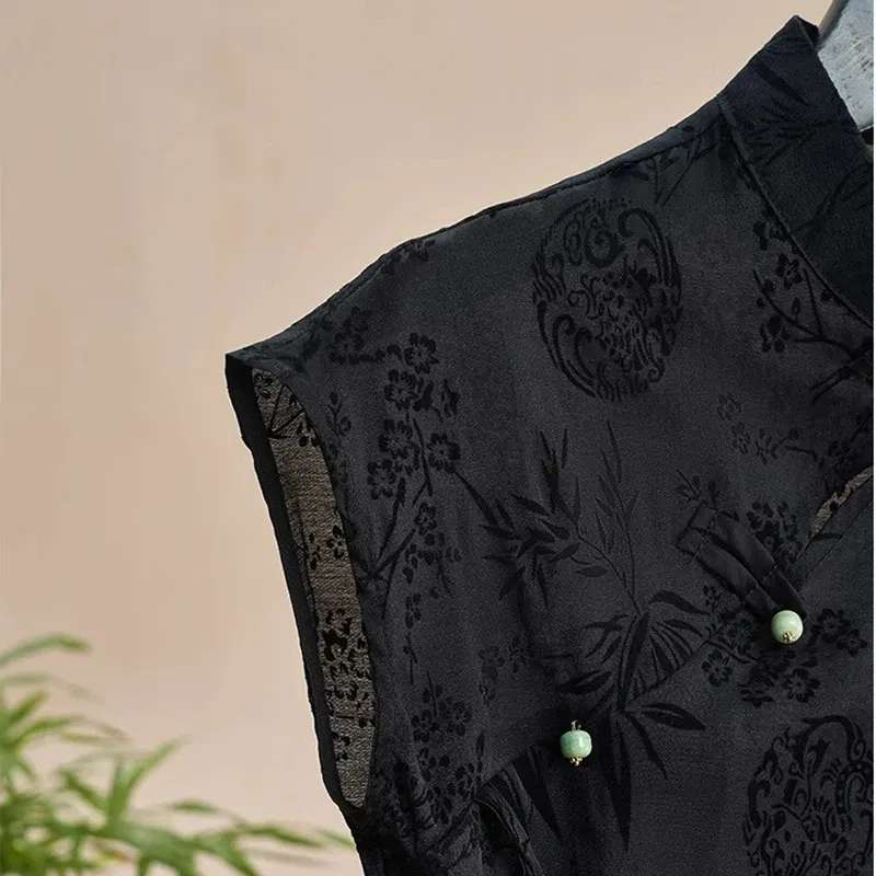 Color: black, Size: L - Retro Thin Shirt New Chinese Style Cheongsam Top Black Jacquard Short Sleeve T-shirt Summer Mature Fashion Women's Clothing