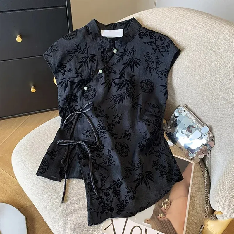 Color: black, Size: L - Retro Thin Shirt New Chinese Style Cheongsam Top Black Jacquard Short Sleeve T-shirt Summer Mature Fashion Women's Clothing