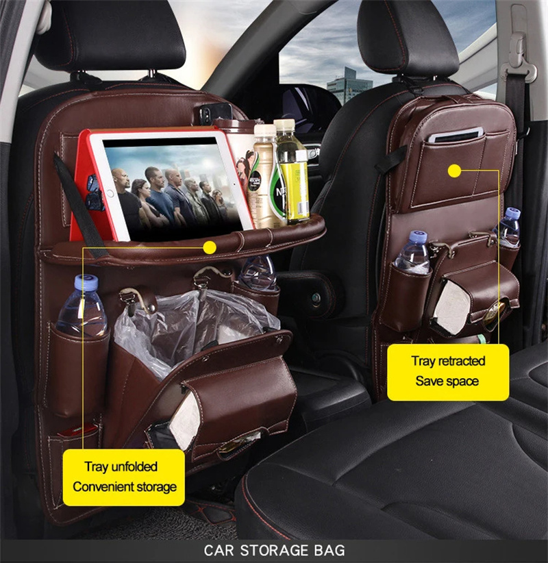 PU Leather Car Storage Bag Multifunction Seat Back Tray Hanging Bag Waterproof Car Organizer Automotive Interior Accessories