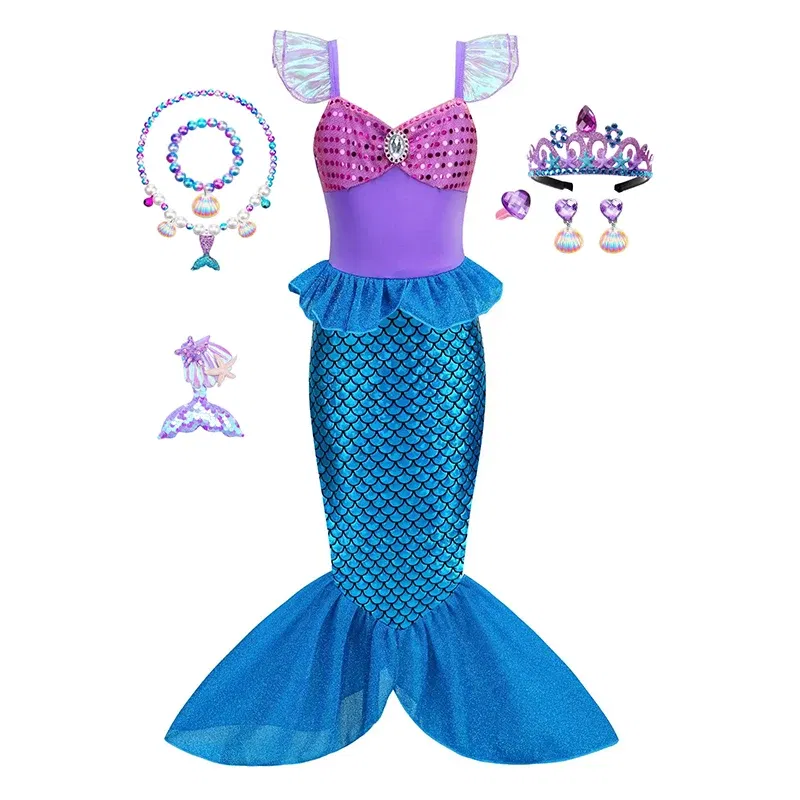 Color: SKY BLUE, Kid Size: 11 - Disney Little Mermaid Ariel Costumes for Girls Princess Dress Cosplay Halloween Carnival Kids Birthday Party Dress Up Clothing