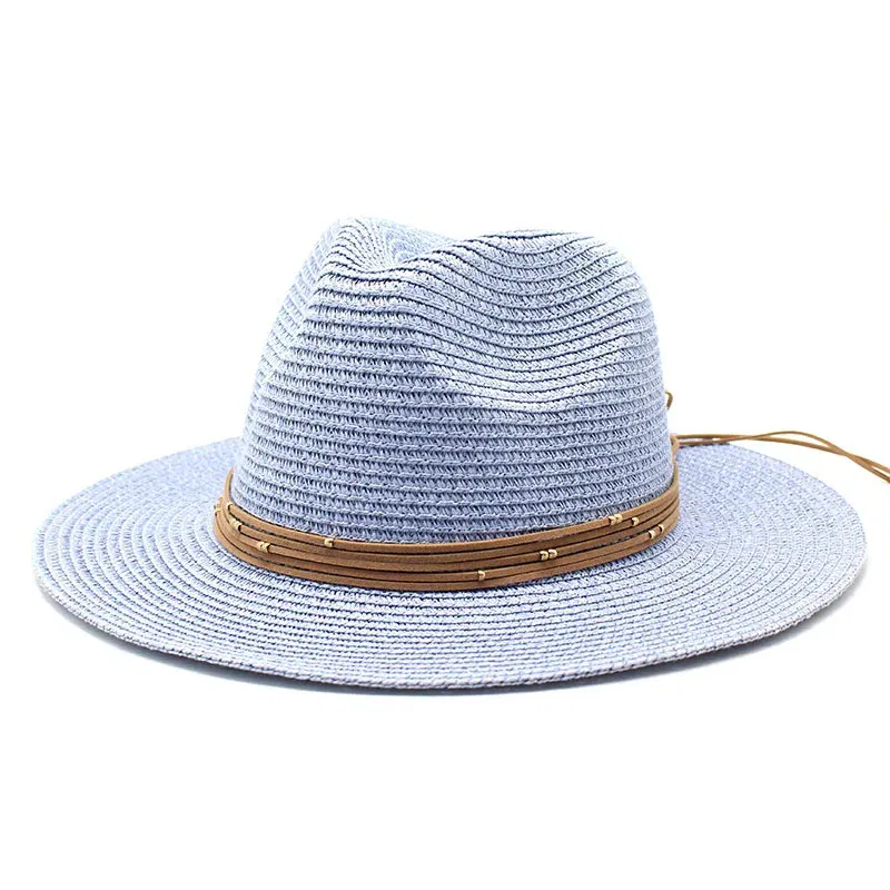 Color: SKY BLUE, Size: M - Big Size 60CM New Straw Hat 7cm Brim Summer Cooling Beach Sun Hat Outdoor Party Panama Jazz Hat Sombreros De Mujer