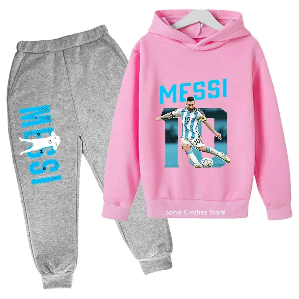 Color: Pink, Kid Size: 4T - messi avatar printed children's clothing children's autumn and winter hoodies pants 2-piece casual boys and girls suits