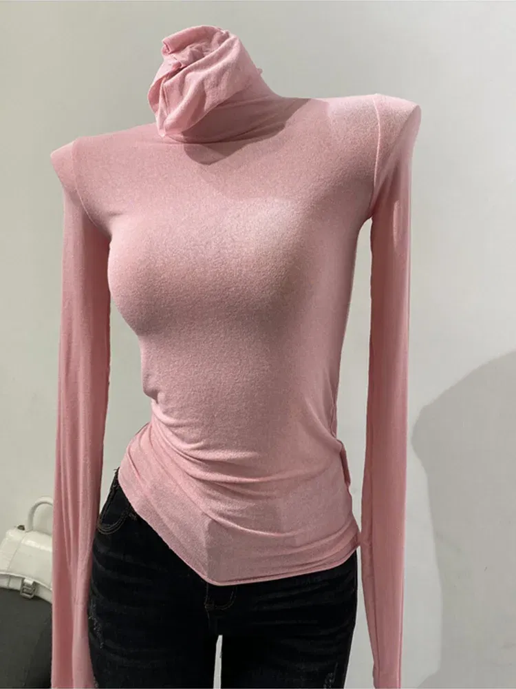 Color: GRAY, Size: One Size - Thin Soft American Long Sleeve T-shirt High Stacked Neck Tight Perspective Bottom Shirt Women's Slim Fit Tops Sexy Streetwear