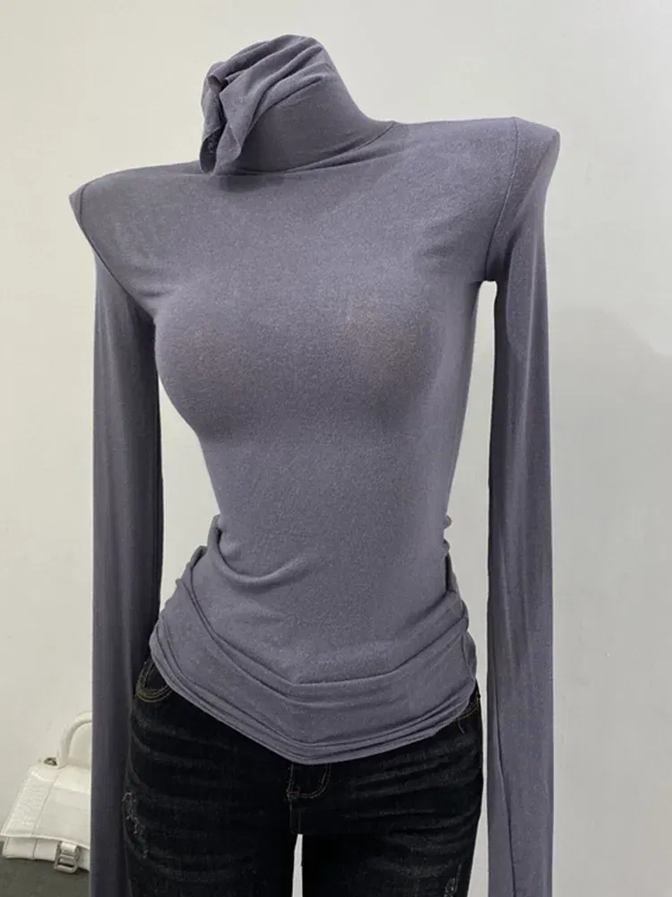 Color: GRAY, Size: One Size - Thin Soft American Long Sleeve T-shirt High Stacked Neck Tight Perspective Bottom Shirt Women's Slim Fit Tops Sexy Streetwear