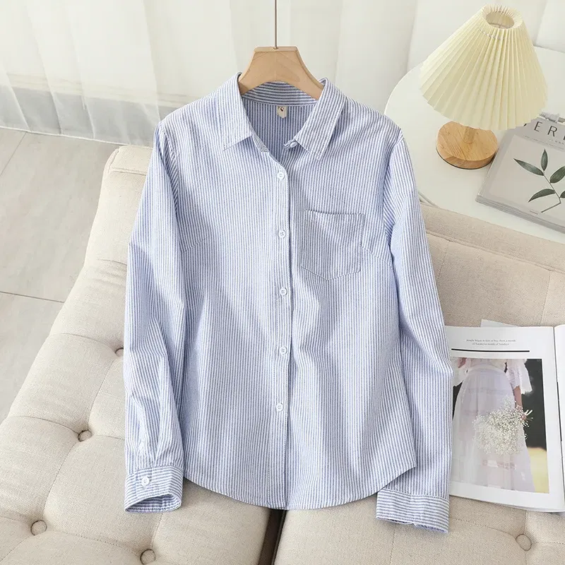 Color: Blue, Size: L - Women's Casual Cotton Oxford Shirt 2023 New Woman Striped Blouse and Tops Simple Solid Lady White Blue Shirts Clothes