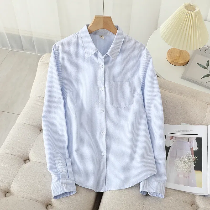 Color: Blue, Size: L - Women's Casual Cotton Oxford Shirt 2023 New Woman Striped Blouse and Tops Simple Solid Lady White Blue Shirts Clothes