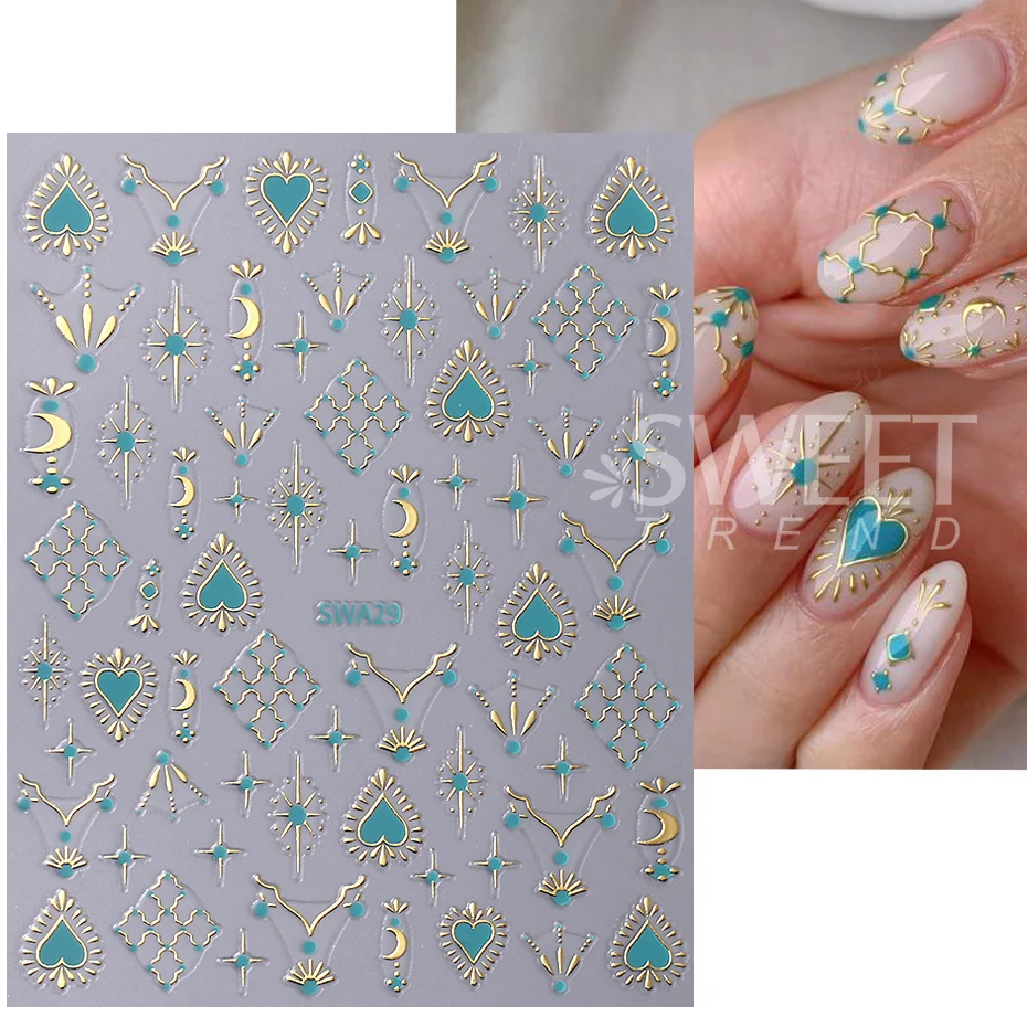 Color: Beige - Metallic Bohemian Style Nail Sticker Gold Silver Lace Lines Green Gem Love Heart 3D Holographic Manicure Sliders Nail Decoration