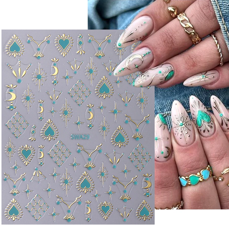Color: Beige - Metallic Bohemian Style Nail Sticker Gold Silver Lace Lines Green Gem Love Heart 3D Holographic Manicure Sliders Nail Decoration