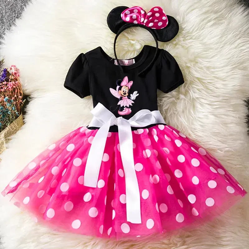 Color: GRAY, Kid Size: 12M - Mickey Minnie Mouse Baby Girls Cosplay Costume Kids Fancy Polka Dot Dress Princess Dress Children Birthday Party Clothing Gift