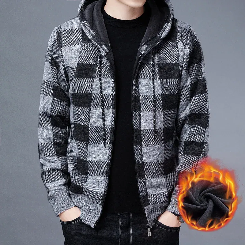 Color: Blue, Size: XXXL - Winter 2023 New Men's Fleece Thickened Cardigan Knit Sweater / Male Loose Warm Hooded Add Wool Jacket Coat
