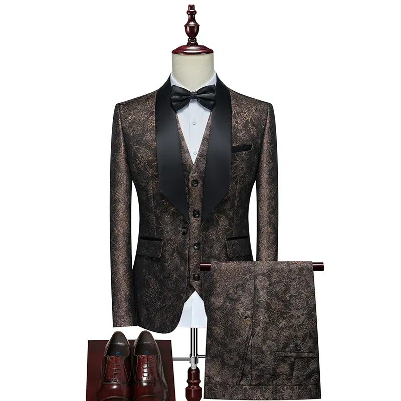 Color: Beige, Size: 5XL - Men's  Evening Dress Bridegroom Suit British Wedding Business Casual Fashion Three-piece Set with Vest And Trousers Sizes M-6XL