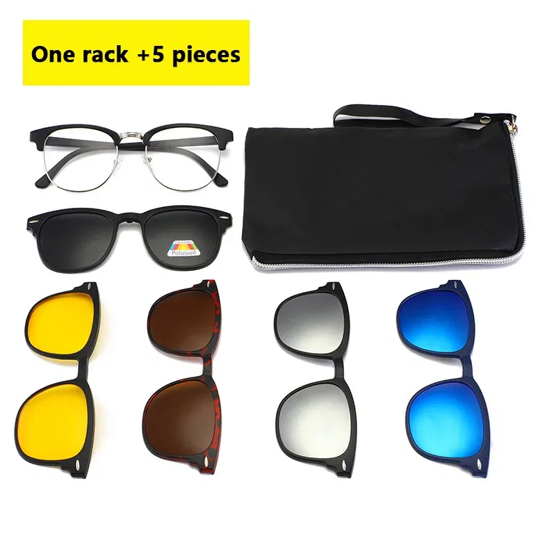 Lenses Color: Burgundy, Ships From: CHINA, Frame Color: WHITE - 6 In 1 Spectacle Frame Men Women With 5 PCS Clip On Polarized Sunglasses Magnetic Glasses Male Computer Optical 2201