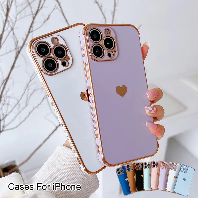 Color: Brown, Compatible-Phone Models: For iPhone X, Ships From: CN - Electroplating Side Love Heart Phone Case For IPhone 16 15 14 13 12 11 Pro Max XR 8 Plus SE2/SE3 Shockproof Back Cover