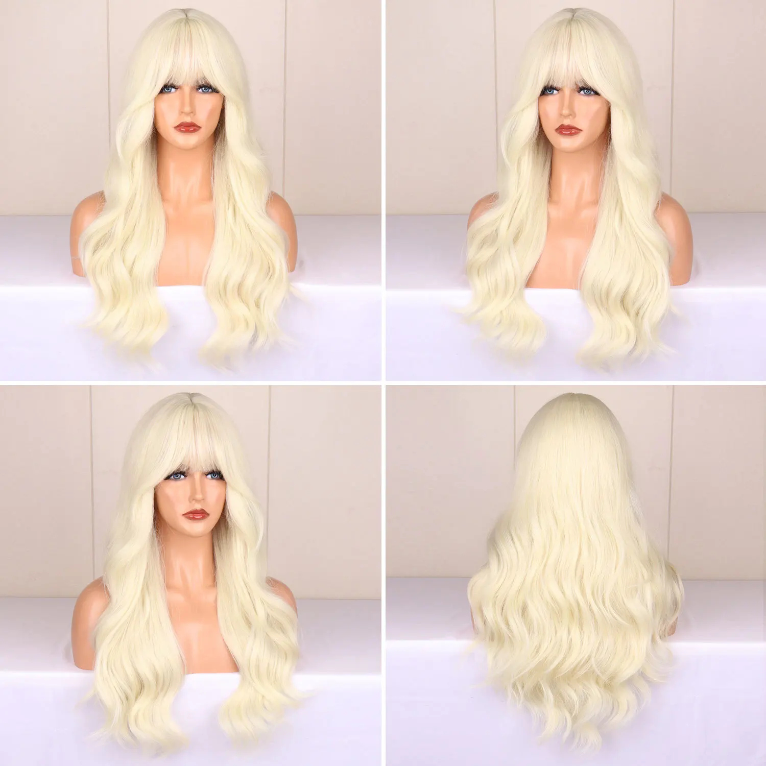 Color: #613 - Light golden synthetic wig with big waves for Halloween party, cosplay wig, everyday wig, high-temperature hair silk wig set