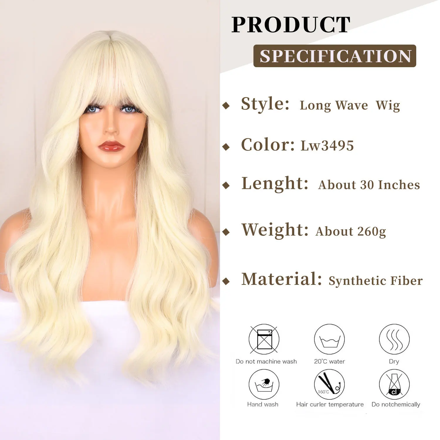 Color: #613 - Light golden synthetic wig with big waves for Halloween party, cosplay wig, everyday wig, high-temperature hair silk wig set