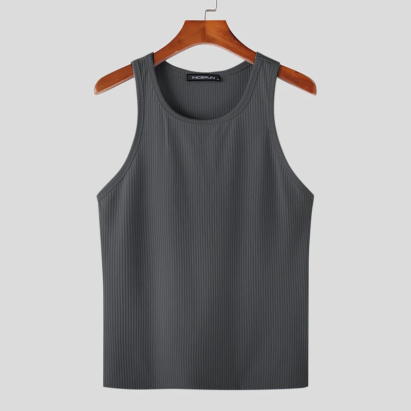 Color: GRAY, Size: XXXL - INCERUN Men Tank Tops Solid Color O-neck Sleeveless Streetwear Summer Casual Vests Skinny 2023 Fashion Leisure Men Clothing 5XL