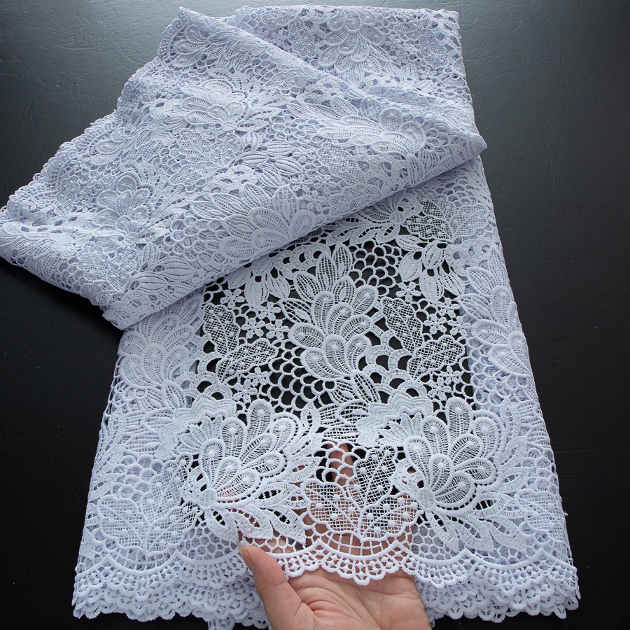 Guipure Lace Fabric High Quality 5 Yards Knitted White Nigerian African Sequins Cord Lace Fabric Dress for Women A4070