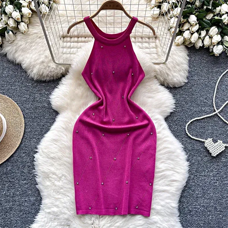 Color: Light Purple, Size: One Size - Beading Halter Women's Knitting Sheath Tank Dress Female Bodycon Knitted Camisole Sleeveless Mini Dresses For Woman Outfits