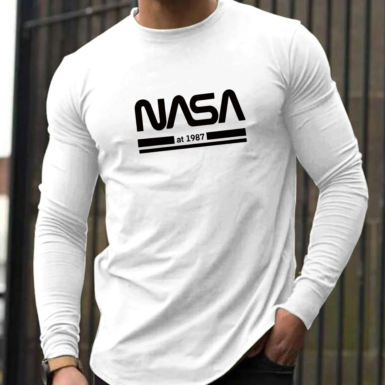 Color: Khaki, Size: L - Men's Spring and Autumn 100% Cotton Loose Comfortable Casual NASA Letter Printed Round Neck Long Sleeve T-shirt