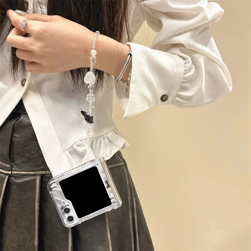 Color: Gold, Material: Microfiber - For Samsung Galaxy Z Flip 3 4 5 6 Case Cute Pink Black Bow Feather Cards Bracelet Cover For Samsung Z Flip3 Flip4 ZFlip5