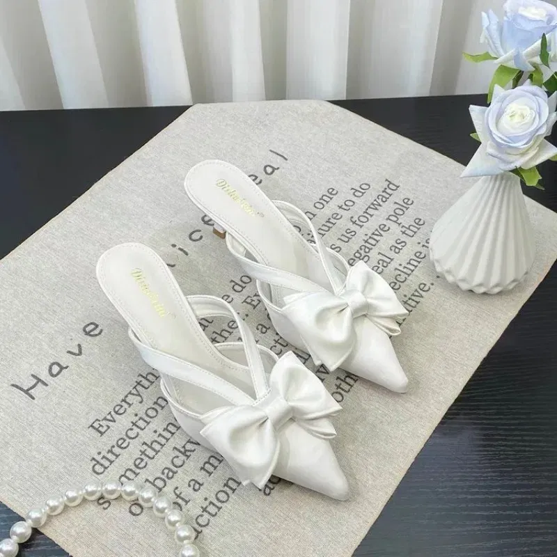 Color: Pink, Shoe Size: 38 - Fairy Style Pink Cool Slippers for Women's Summer 2024 French Pointed Bow Hollow High Heels, Half Wrapped Women's Slippers