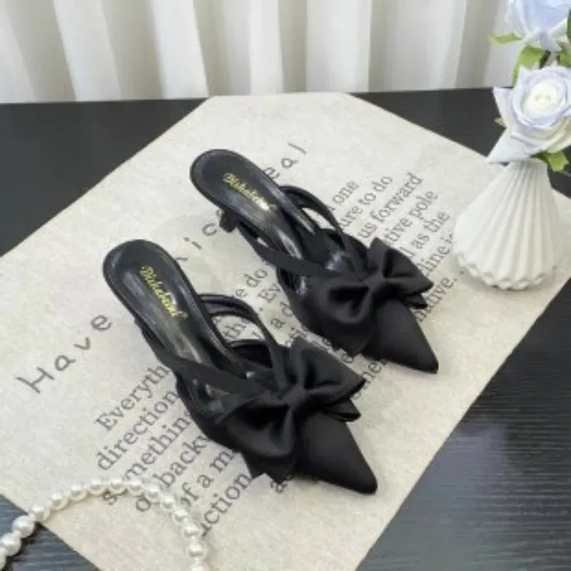 Color: Pink, Shoe Size: 38 - Fairy Style Pink Cool Slippers for Women's Summer 2024 French Pointed Bow Hollow High Heels, Half Wrapped Women's Slippers