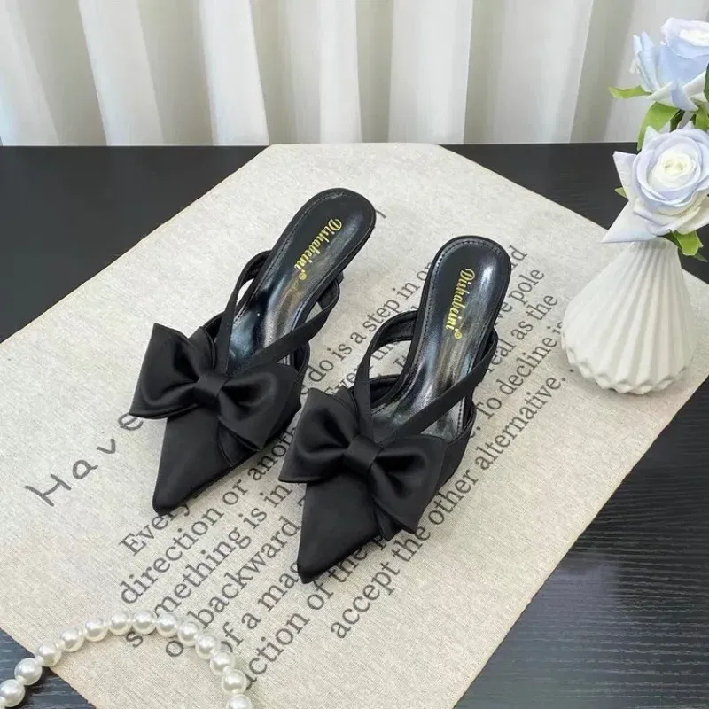 Color: Pink, Shoe Size: 38 - Fairy Style Pink Cool Slippers for Women's Summer 2024 French Pointed Bow Hollow High Heels, Half Wrapped Women's Slippers