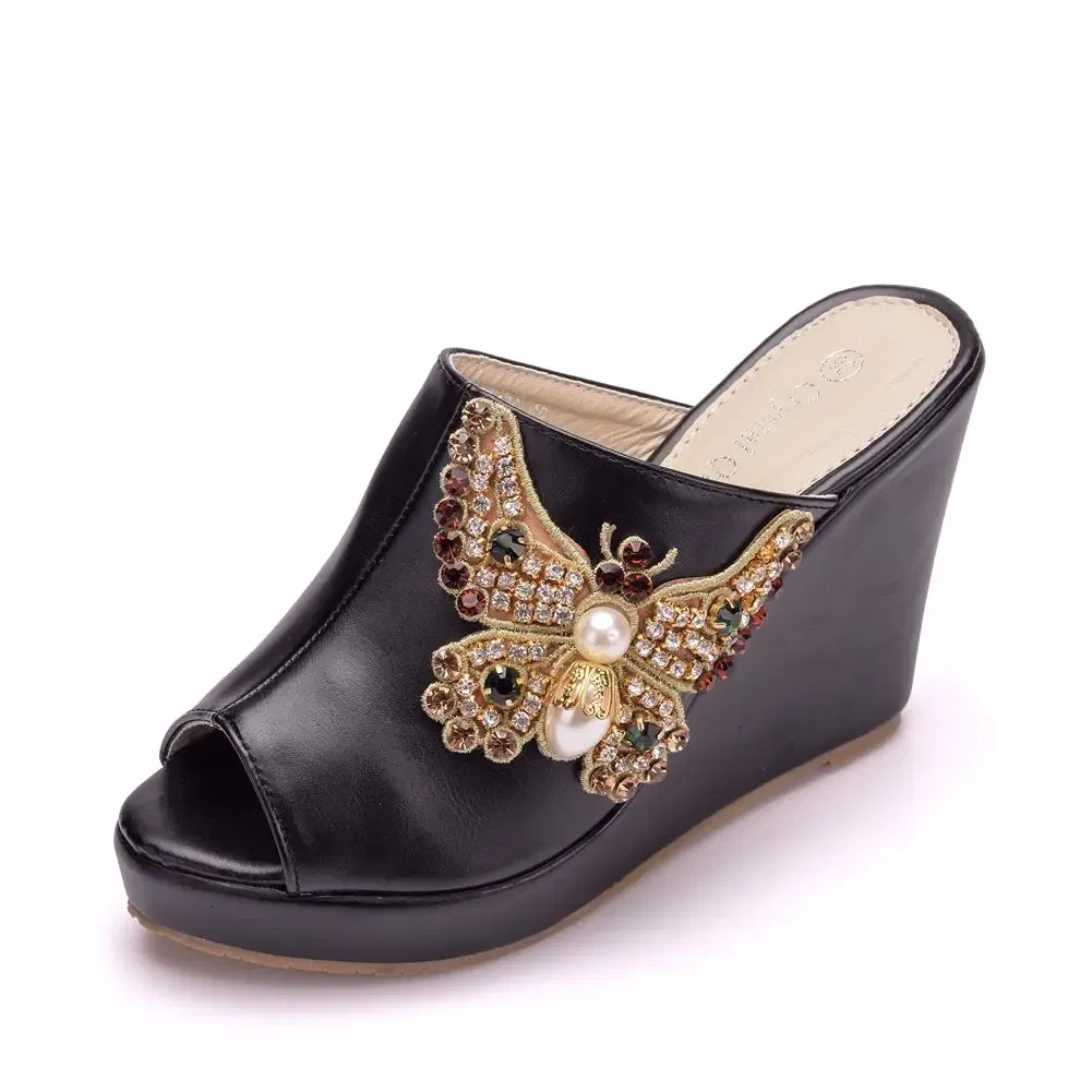 Color: black, Shoe Size: 36 - Crystal Queen 10cm Peep Toe Platform Wedges Slippers High Heels Beach Sandals Women
