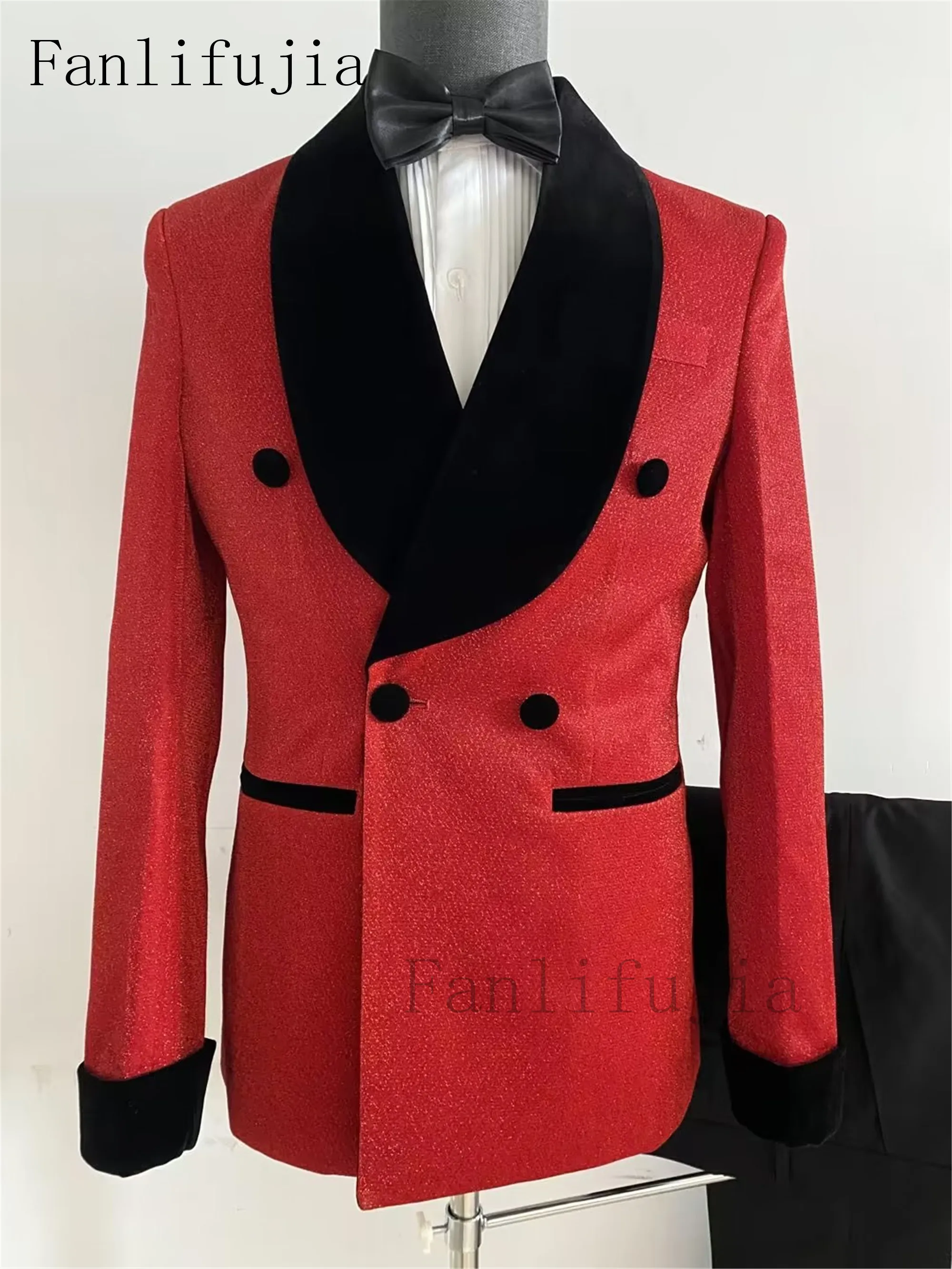 Color: Red, Size: XS - Fanlifujia Luxury Red Glitter Suits Men Groom Wedding Tuxedo Double Breasted Blazer Formal Evening Party Prom Dress 2 Pieces Set