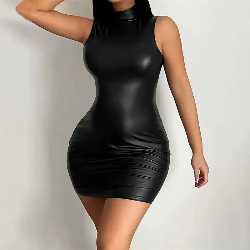 Size: XL - Women Summer Sexy Party Strapless Bodycon Pu Leather Slim Package Hip Black Club Party Mini Short Dress Sundress Female Clothing