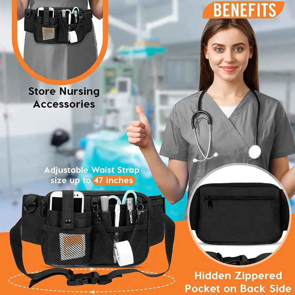 Color: Beige - Adjustable Nurse Fanny Pack Portable Large Capacity Polyester Nurse Pouch Waist Bag Multi Compartment Pocket Belt Organizer