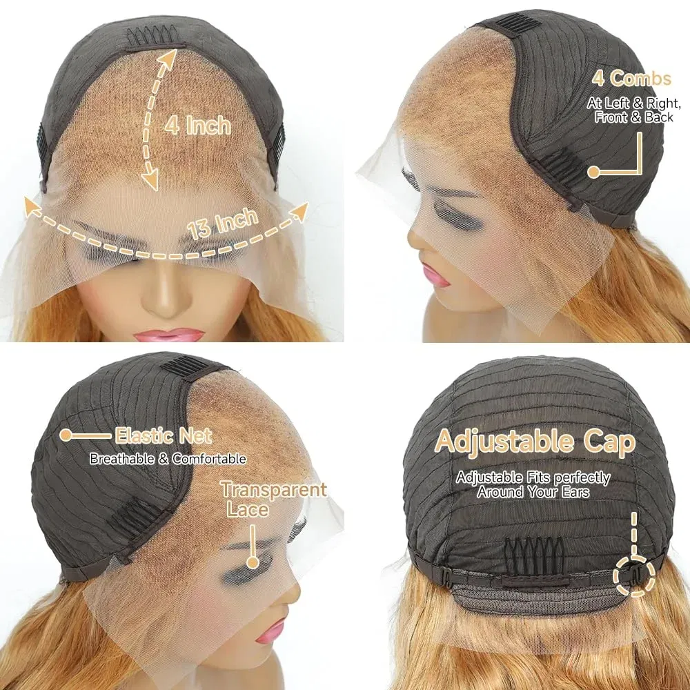 13x6 HD Honey Blonde Body Wave Lace Front Wig for Women Pre-Plucked Transparent Lace Frontal Colored #27 Human Hair Wig on Sale