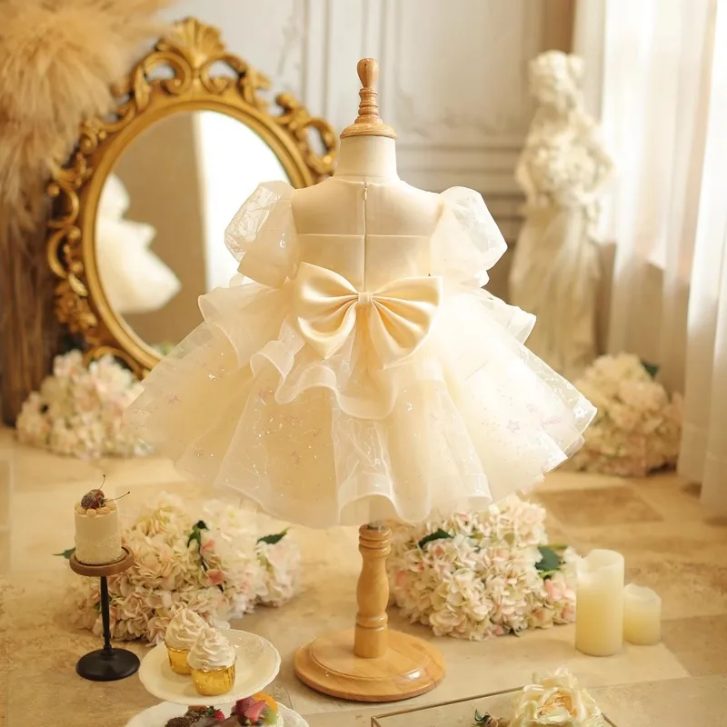 Kid Size: 14, Color: Khaki - Baby Girls Birthday Dress Elegant Princess Gown High-End Sequin Tulle Tutu Dresses Cake Special Occasions Toddler Party Clothes