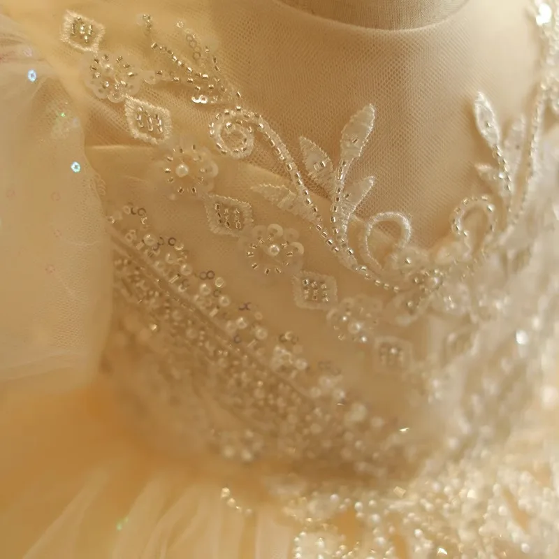 Kid Size: 14, Color: Khaki - Baby Girls Birthday Dress Elegant Princess Gown High-End Sequin Tulle Tutu Dresses Cake Special Occasions Toddler Party Clothes