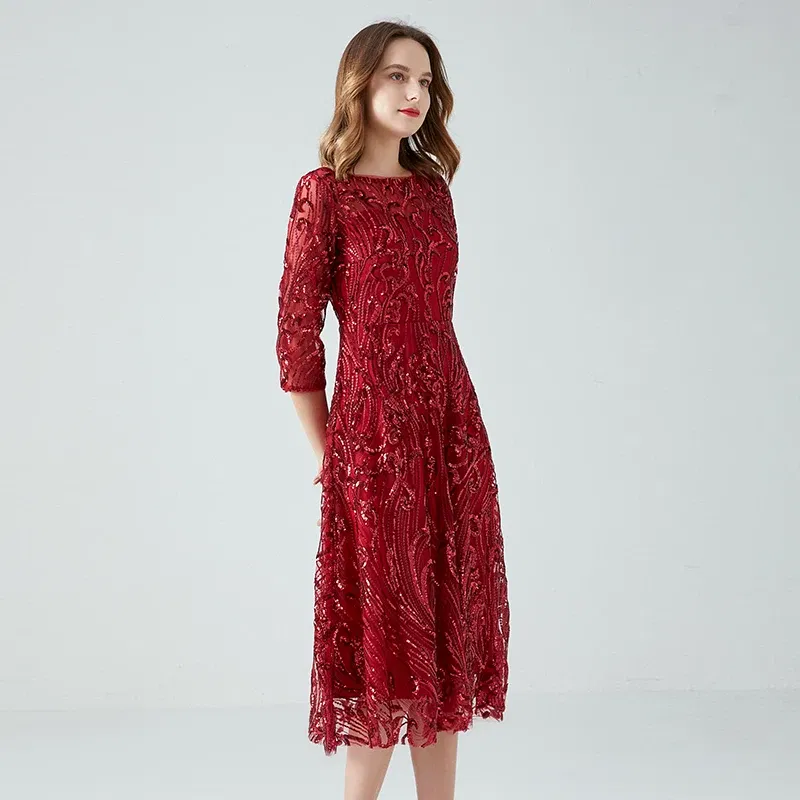Color: Burgundy, Size: L - Women's Lace Dress Sequin Evening Dresses Spring and Autumn New Wedding Banquet Broad Wife Fat Plus Size Long Dress Long Red