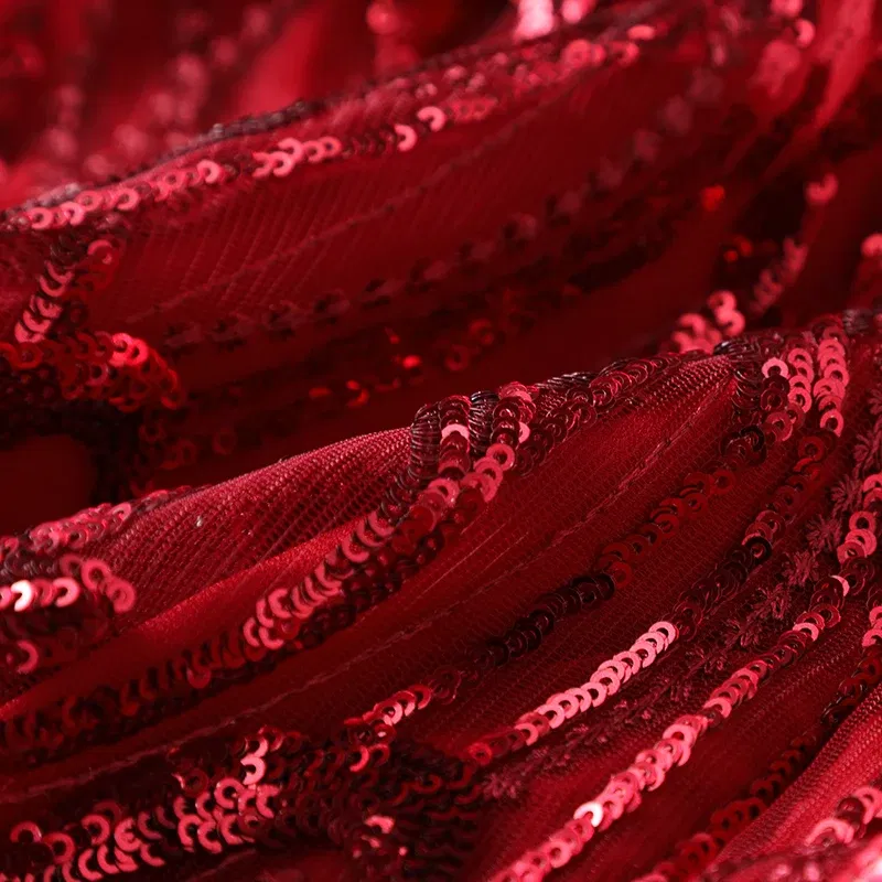 Color: Burgundy, Size: L - Women's Lace Dress Sequin Evening Dresses Spring and Autumn New Wedding Banquet Broad Wife Fat Plus Size Long Dress Long Red