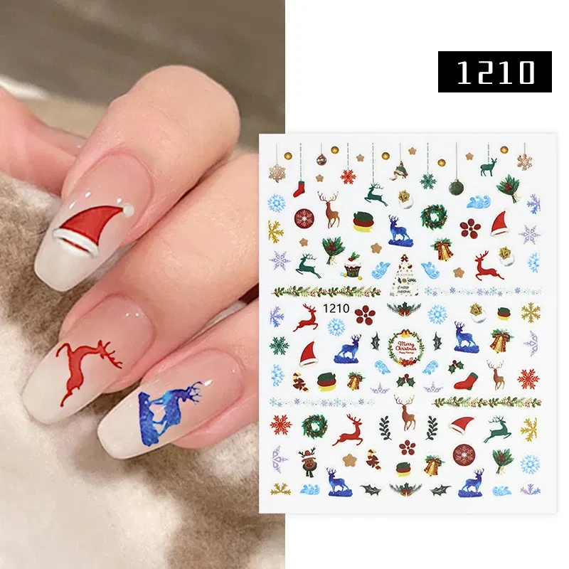 Color: WHITE - 1Pc Christmas Stickers Santa Claus Snowflake Decals Catoon Image Muti- Pattern New Year Halloween Nail Art Stickers for Manicure