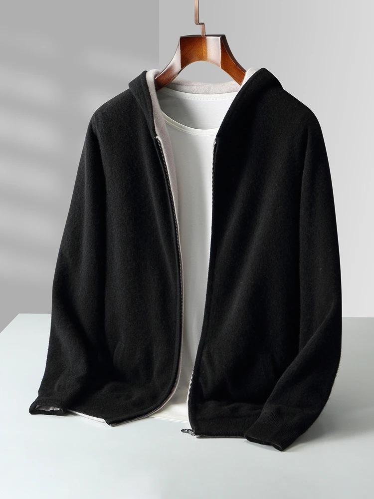 Color: black, Size: L - Reversible Men's Wool Cardigan Sweater Autumn Winter Hooded Solid 100% Merino Wool Knitted Casual Simple Man Jackets Thick Warm