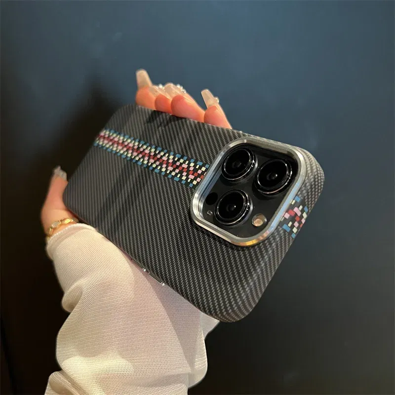 Abstract Carbon Color Relief Case for iPhone 16 Pro Max 15 14 Cover MagSafe Charge Alloy Lens Camera Bumper Hard Armor PC Shell