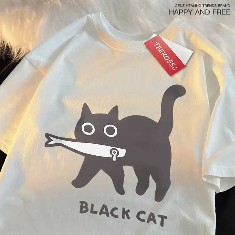 Color: WHITE, Size: M - Fun A Black Cat Eating Fish Japanese Style Men Women T-Shirt Fashion Print T Shirt Breathable Oversize T-Shirts Cotton Clothes