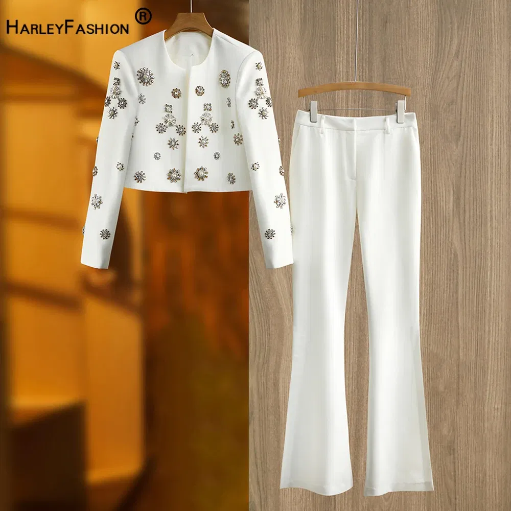 Color: WHITE, Size: M, Ships From: CHINA - Luxury Design Handmade Spark Rhinestone Women 2PCS Pants Suits Short Jacket Wide-leg Trousers High Street White Twin Sets