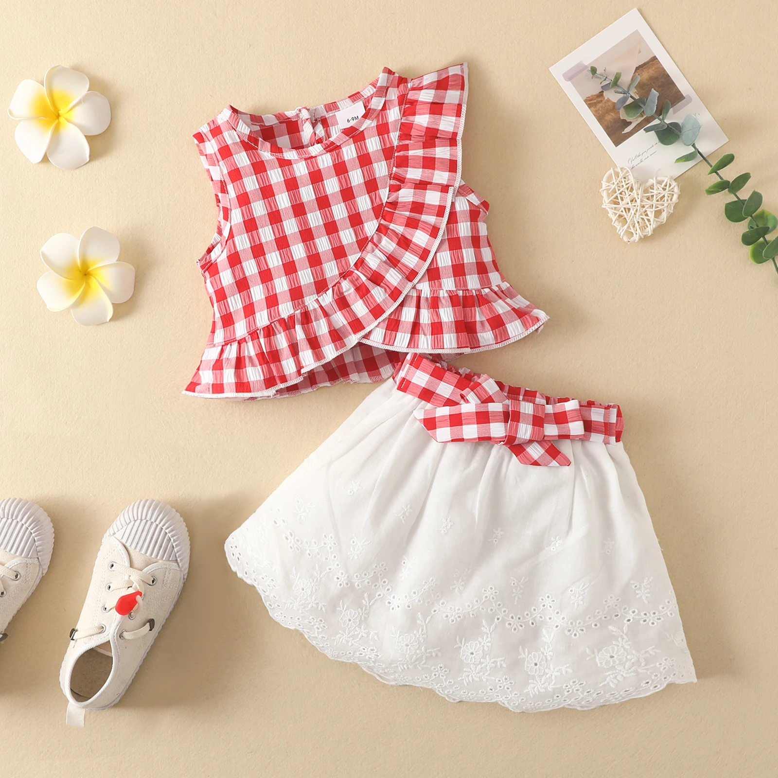 Kid Size: newborn, Color: Yellow - Charming Girls' Summer Ensemble: Sleeveless Plaid Ruffle Top & Lace Hem Skirt - Comfy, Durable & Stylish